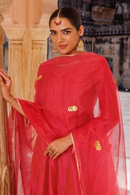 Bannhi By Priyanka Rathore_Pink Silk, Organza Gota Patti, Embroidery Detailed Anarkali Pant And Dupatta Set _Online_at_Aza_Fashions