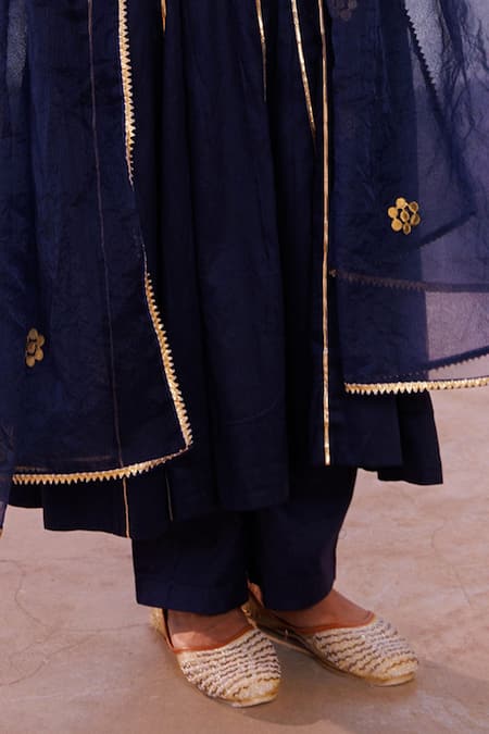 Bannhi By Priyanka Rathore Navy Cotton Satin, Cotton, Silk, Organza Gota Patti, Detailed Anarkali Set Online at Aza Fashions Bannhi By Priyanka Rathore_Navy Cotton Satin, Cotton, Silk, Organza Gota Patti, Detailed Anarkali Set _Online_at_Aza_Fashions