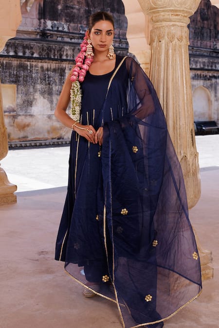 Buy Bannhi By Priyanka Rathore Navy Cotton Satin, Cotton, Silk, Organza Gota Patti, Detailed Anarkali Set Online at Aza Fashions Buy_Bannhi By Priyanka Rathore_Navy Cotton Satin, Cotton, Silk, Organza Gota Patti, Detailed Anarkali Set _Online_at_Aza_Fashions