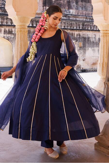 Shop Bannhi By Priyanka Rathore Navy Cotton Satin, Cotton, Silk, Organza Gota Patti, Detailed Anarkali Set Online at Aza Fashions Shop_Bannhi By Priyanka Rathore_Navy Cotton Satin, Cotton, Silk, Organza Gota Patti, Detailed Anarkali Set _Online_at_Aza_Fashions