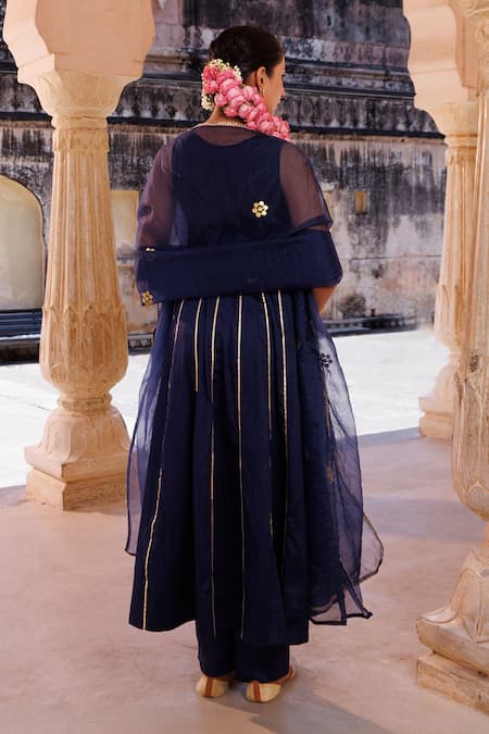 Shop Bannhi By Priyanka Rathore Navy Cotton Satin, Cotton, Silk, Organza Gota Patti, Detailed Anarkali Set at Aza Fashions Shop_Bannhi By Priyanka Rathore_Navy Cotton Satin, Cotton, Silk, Organza Gota Patti, Detailed Anarkali Set _at_Aza_Fashions