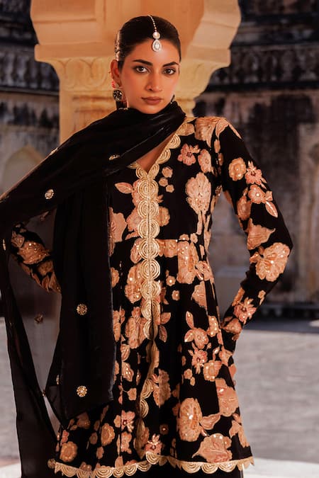 Buy_Bannhi By Priyanka Rathore_Black Crepe, Georgette Embroidery, Sequins, Zari, Lace Printed And Sharara Set _Online_at_Aza_Fashions