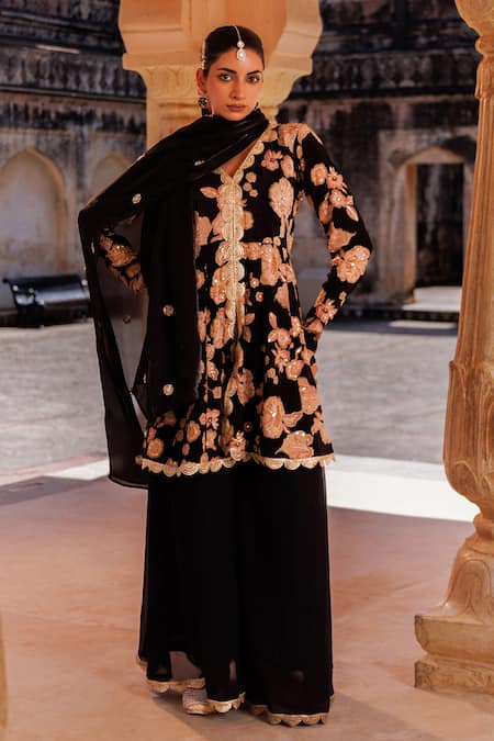 Shop_Bannhi By Priyanka Rathore_Black Crepe, Georgette Embroidery, Sequins, Zari, Lace Printed And Sharara Set _Online_at_Aza_Fashions