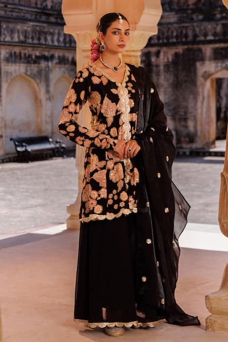 Bannhi By Priyanka Rathore_Black Crepe, Georgette Embroidery, Sequins, Zari, Lace Printed And Sharara Set _at_Aza_Fashions