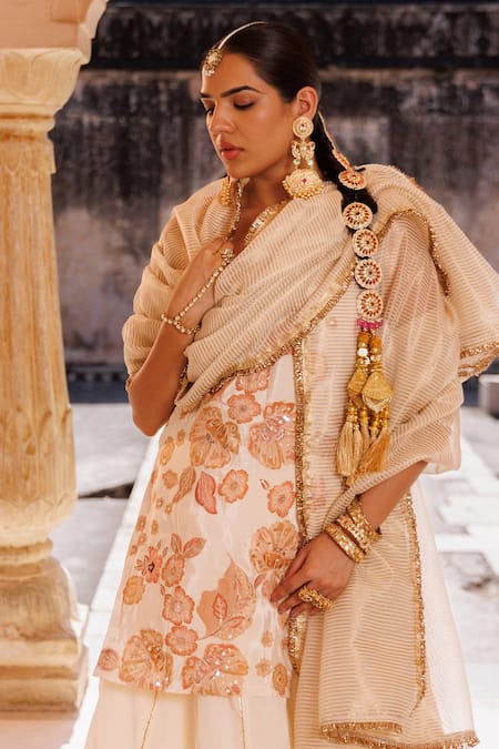 Shop Bannhi By Priyanka Rathore Ivory Crepe, Tissue Embroidery, Sequins, Printed And Kurta Skirt Set With Dupatta Online at Aza Fashions Shop_Bannhi By Priyanka Rathore_Ivory Crepe, Tissue Embroidery, Sequins, Printed And Kurta Skirt Set With Dupatta _Online_at_Aza_Fashions