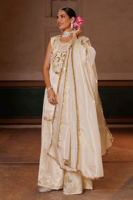 Bannhi By Priyanka Rathore Ivory Georgette, Doriya Embroidery, Mirrors, Hand Tissue Kurta Sharara Set Online at Aza Fashions Bannhi By Priyanka Rathore_Ivory Georgette, Doriya Embroidery, Mirrors, Hand Tissue Kurta Sharara Set _Online_at_Aza_Fashions