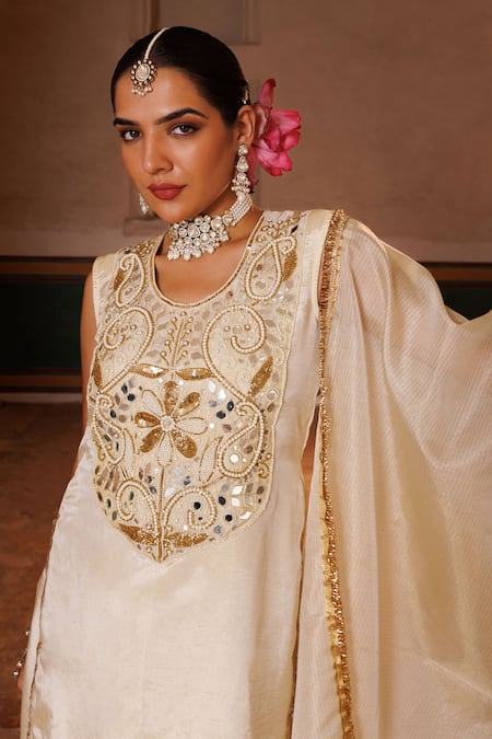 Shop Bannhi By Priyanka Rathore Ivory Georgette, Doriya Embroidery, Mirrors, Hand Tissue Kurta Sharara Set Online at Aza Fashions Shop_Bannhi By Priyanka Rathore_Ivory Georgette, Doriya Embroidery, Mirrors, Hand Tissue Kurta Sharara Set _Online_at_Aza_Fashions