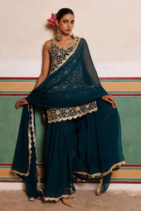 Bannhi By Priyanka Rathore_Green Crepe, Georgette Embroidery, Lace Scoop Neck Kurta And Sharara Set _Online_at_Aza_Fashions