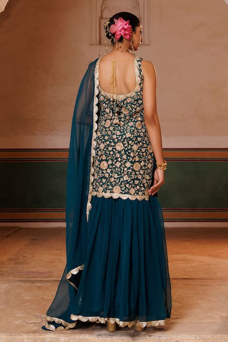 Bannhi By Priyanka Rathore Embroidered Crepe Kurta & Georgette Sharara Set 