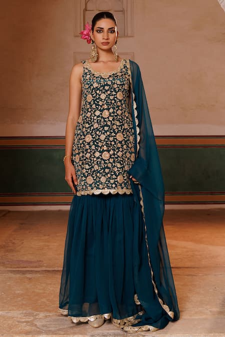 Buy_Bannhi By Priyanka Rathore_Green Crepe, Georgette Embroidery, Lace Scoop Neck Kurta And Sharara Set _Online_at_Aza_Fashions