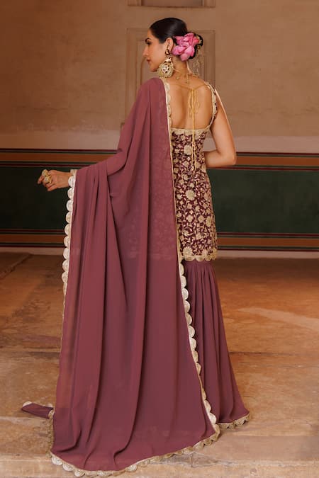 Shop Bannhi By Priyanka Rathore Purple Crepe, Georgette Embroidery, Lace Round Neck Kurta And Sharara Set at Aza Fashions Shop_Bannhi By Priyanka Rathore_Purple Crepe, Georgette Embroidery, Lace Round Neck Kurta And Sharara Set _at_Aza_Fashions