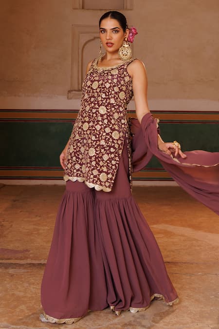 Bannhi By Priyanka Rathore Purple Crepe, Georgette Embroidery, Lace Round Neck Kurta And Sharara Set Online at Aza Fashions Bannhi By Priyanka Rathore_Purple Crepe, Georgette Embroidery, Lace Round Neck Kurta And Sharara Set _Online_at_Aza_Fashions