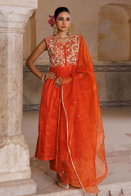 Bannhi By Priyanka Rathore Orange Silk, Organza Embroidery, Mirrors, Beads, Sequins Hand Anarkali Set Online at Aza Fashions Bannhi By Priyanka Rathore_Orange Silk, Organza Embroidery, Mirrors, Beads, Sequins Hand Anarkali Set _Online_at_Aza_Fashions