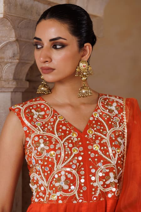Shop Bannhi By Priyanka Rathore Orange Silk, Organza Embroidery, Mirrors, Beads, Sequins Hand Anarkali Set Online at Aza Fashions Shop_Bannhi By Priyanka Rathore_Orange Silk, Organza Embroidery, Mirrors, Beads, Sequins Hand Anarkali Set _Online_at_Aza_Fashions