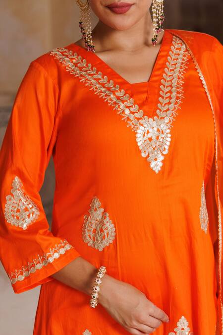 Bannhi By Priyanka Rathore Orange Cotton, Silk, Organza Gota Patti, Anarkali Kurta Pant And Dupatta Set Online at Aza Fashions Bannhi By Priyanka Rathore_Orange Cotton, Silk, Organza Gota Patti, Anarkali Kurta Pant And Dupatta Set _Online_at_Aza_Fashions