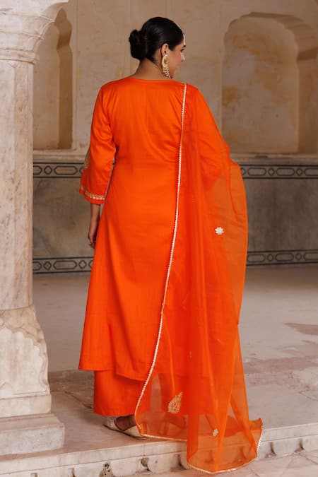 Shop Bannhi By Priyanka Rathore Orange Cotton, Silk, Organza Gota Patti, Anarkali Kurta Pant And Dupatta Set at Aza Fashions Shop_Bannhi By Priyanka Rathore_Orange Cotton, Silk, Organza Gota Patti, Anarkali Kurta Pant And Dupatta Set _at_Aza_Fashions