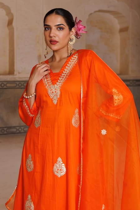 Buy Bannhi By Priyanka Rathore Orange Cotton, Silk, Organza Gota Patti, Anarkali Kurta Pant And Dupatta Set Online at Aza Fashions Buy_Bannhi By Priyanka Rathore_Orange Cotton, Silk, Organza Gota Patti, Anarkali Kurta Pant And Dupatta Set _Online_at_Aza_Fashions