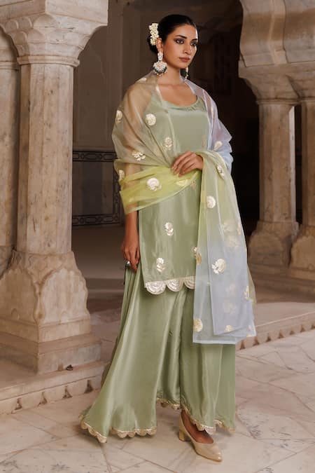 Buy_Bannhi By Priyanka Rathore_Green Silk, Organza Gota Patti, Embroidery Work Kurta And Sharara Set With Dupatta _Online_at_Aza_Fashions
