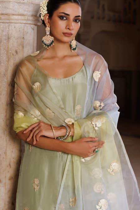 Shop_Bannhi By Priyanka Rathore_Green Silk, Organza Gota Patti, Embroidery Work Kurta And Sharara Set With Dupatta _Online_at_Aza_Fashions