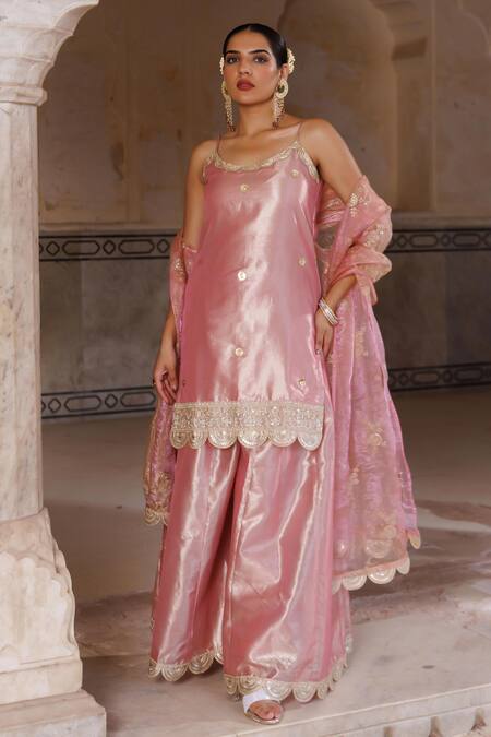 Bannhi By Priyanka Rathore Pink Tissue, , Organza Embroidery, Embellished Kurta Sharara Set Online at Aza Fashions Bannhi By Priyanka Rathore_Pink Tissue, , Organza Embroidery, Embellished Kurta Sharara Set _Online_at_Aza_Fashions