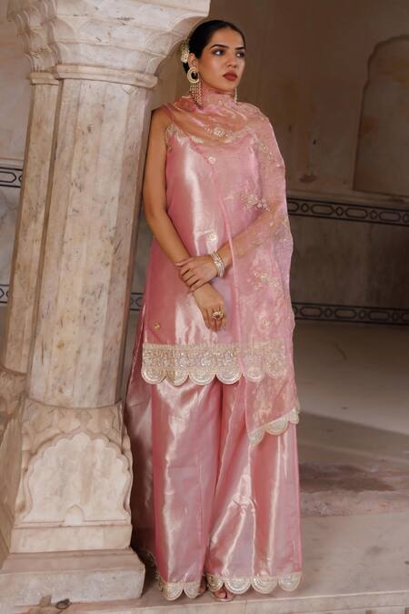 Shop Bannhi By Priyanka Rathore Pink Tissue, , Organza Embroidery, Embellished Kurta Sharara Set Online at Aza Fashions Shop_Bannhi By Priyanka Rathore_Pink Tissue, , Organza Embroidery, Embellished Kurta Sharara Set _Online_at_Aza_Fashions