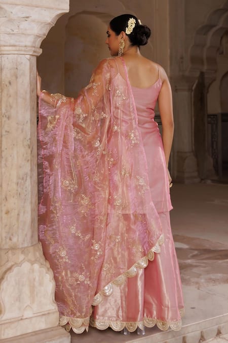 Shop Bannhi By Priyanka Rathore Pink Tissue, , Organza Embroidery, Embellished Kurta Sharara Set at Aza Fashions Shop_Bannhi By Priyanka Rathore_Pink Tissue, , Organza Embroidery, Embellished Kurta Sharara Set _at_Aza_Fashions