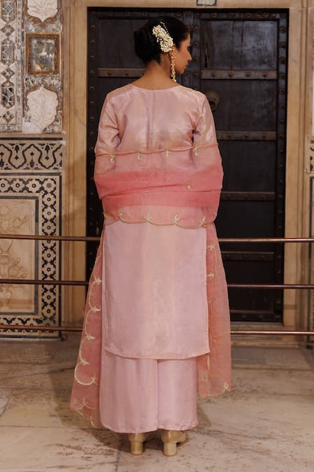 Shop_Bannhi By Priyanka Rathore_Pink Georgette, Organza Embroidery, Metallic Aari Kurta Palazzo And Dupatta Set _at_Aza_Fashions
