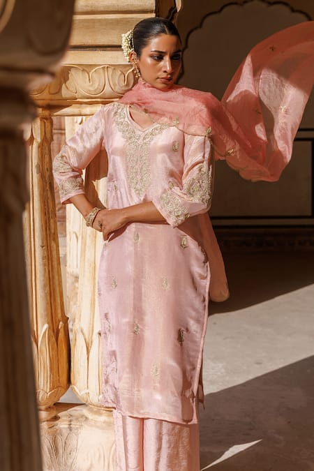 Buy_Bannhi By Priyanka Rathore_Pink Georgette, Organza Embroidery, Metallic Aari Kurta Palazzo And Dupatta Set _Online_at_Aza_Fashions