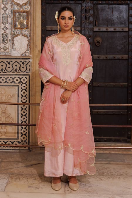 Bannhi By Priyanka Rathore Aari Embroidered Kurta Palazzo & Dupatta Set 