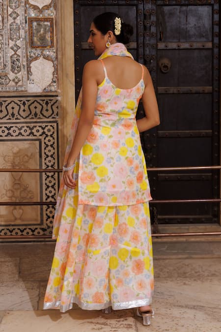 Shop Bannhi By Priyanka Rathore Ivory Chanderi, Georgette Gota Patti, Floral Kurta Sharara And Dupatta Set at Aza Fashions Shop_Bannhi By Priyanka Rathore_Ivory Chanderi, Georgette Gota Patti, Floral Kurta Sharara And Dupatta Set _at_Aza_Fashions