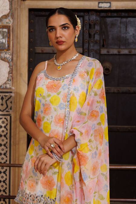 Bannhi By Priyanka Rathore Ivory Chanderi, Georgette Gota Patti, Floral Kurta Sharara And Dupatta Set Online at Aza Fashions Bannhi By Priyanka Rathore_Ivory Chanderi, Georgette Gota Patti, Floral Kurta Sharara And Dupatta Set _Online_at_Aza_Fashions