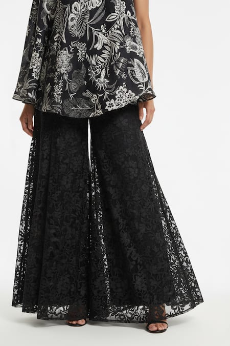 Basanti - Kapde Aur Koffee_Black Crepe Embroidery, Lace Asymmetric Cape Sharara Set _Online_at_Aza_Fashions