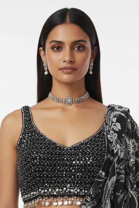 Basanti - Kapde Aur Koffee_Black Crepe Sequins, Pearls, Tassels Embroidered Pre-draped Saree With Blouse _Online_at_Aza_Fashions