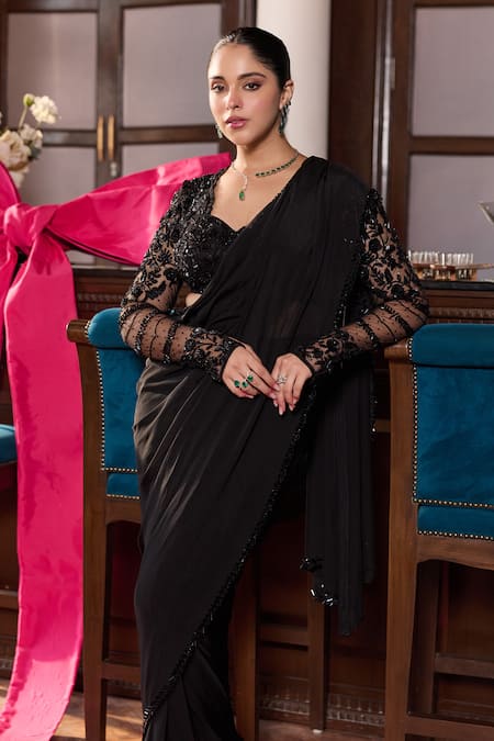 Buy Seema Thukral Black Organza, Georgette, Satin Tina Embellished Blouse With Pre-stitched Saree Online at Aza Fashions Buy_Seema Thukral_Black Organza, Georgette, Satin Tina Embellished Blouse With Pre-stitched Saree _Online_at_Aza_Fashions