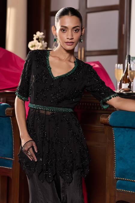 Buy_Seema Thukral_Black Organza, Satin, Silk Beads, Alana Embellished Peplum Top With Flared Pant _Online_at_Aza_Fashions