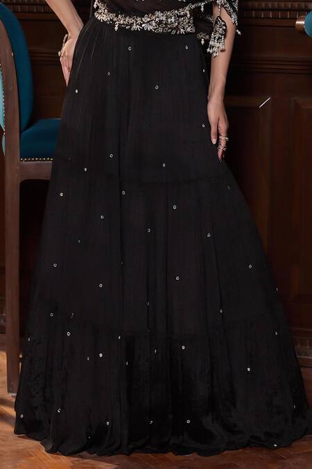 Seema Thukral_Black Chiffon, Georgette, Satin Sonam Embellished Asymmetric Blouse With Skirt _Online_at_Aza_Fashions