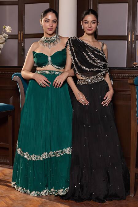 Buy_Seema Thukral_Black Chiffon, Georgette, Satin Sonam Embellished Asymmetric Blouse With Skirt 