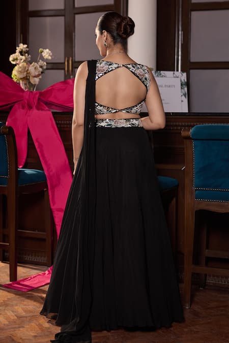 Shop Seema Thukral Black Georgette, Sanjana Embellished Pre-draped Concept Saree With Blouse at Aza Fashions Shop_Seema Thukral_Black Georgette, Sanjana Embellished Pre-draped Concept Saree With Blouse _at_Aza_Fashions