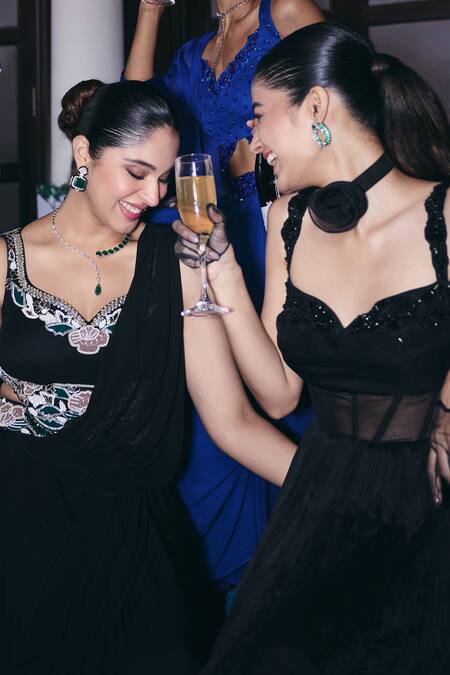 Shop Seema Thukral Black Georgette, Sanjana Embellished Pre-draped Concept Saree With Blouse Online at Aza Fashions Shop_Seema Thukral_Black Georgette, Sanjana Embellished Pre-draped Concept Saree With Blouse _Online_at_Aza_Fashions