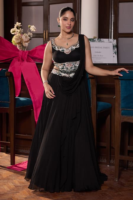 Seema Thukral Black Georgette, Sanjana Embellished Pre-draped Concept Saree With Blouse