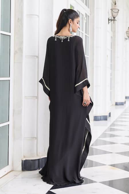 Shop Seema Thukral Black Chiffon, Satin Beads, Sequins, Metallic Jannat Embellished Draped Kaftan at Aza Fashions Shop_Seema Thukral_Black Chiffon, Satin Beads, Sequins, Metallic Jannat Embellished Draped Kaftan _at_Aza_Fashions