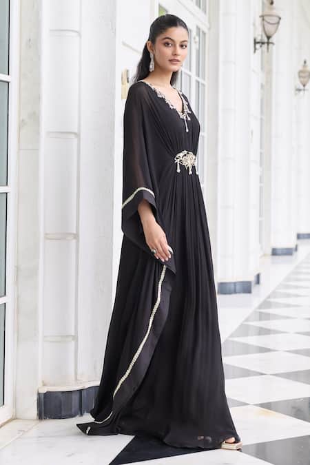 Seema Thukral Black Chiffon, Satin Beads, Sequins, Metallic Jannat Embellished Draped Kaftan Online at Aza Fashions Seema Thukral_Black Chiffon, Satin Beads, Sequins, Metallic Jannat Embellished Draped Kaftan _Online_at_Aza_Fashions