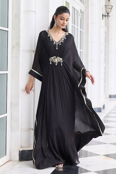 Seema Thukral Black Chiffon, Satin Beads, Sequins, Metallic Jannat Embellished Draped Kaftan