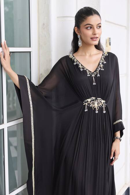 Buy Seema Thukral Black Chiffon, Satin Beads, Sequins, Metallic Jannat Embellished Draped Kaftan Online at Aza Fashions Buy_Seema Thukral_Black Chiffon, Satin Beads, Sequins, Metallic Jannat Embellished Draped Kaftan _Online_at_Aza_Fashions