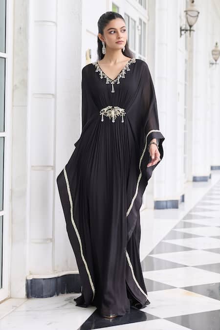 Shop Seema Thukral Black Chiffon, Satin Beads, Sequins, Metallic Jannat Embellished Draped Kaftan Online at Aza Fashions Shop_Seema Thukral_Black Chiffon, Satin Beads, Sequins, Metallic Jannat Embellished Draped Kaftan _Online_at_Aza_Fashions