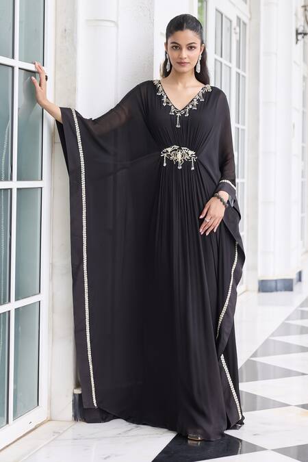 Seema Thukral Black Chiffon, Satin Beads, Sequins, Metallic Jannat Embellished Draped Kaftan at Aza Fashions Seema Thukral_Black Chiffon, Satin Beads, Sequins, Metallic Jannat Embellished Draped Kaftan _at_Aza_Fashions