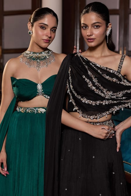 Buy_Seema Thukral_Emerald Green Chiffon, Satin, Organza Janam Embellished Blouse Lehenga Set _Online_at_Aza_Fashions
