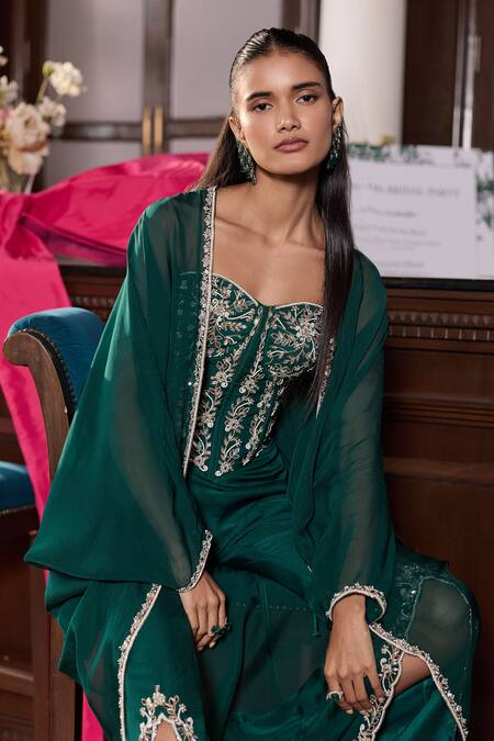 Seema Thukral_Emerald Green Chiffon, Organza, Satin Sequins, Bhawna Embellished Cape Pant Set _Online_at_Aza_Fashions