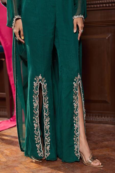 Buy_Seema Thukral_Emerald Green Chiffon, Organza, Satin Sequins, Bhawna Embellished Cape Pant Set _Online_at_Aza_Fashions