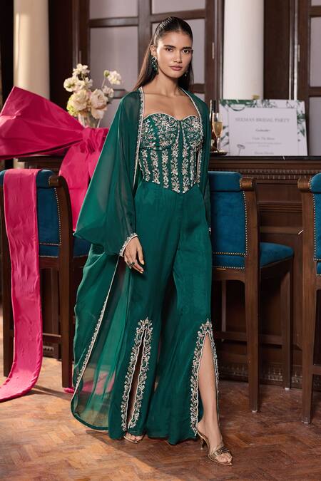 Shop_Seema Thukral_Emerald Green Chiffon, Organza, Satin Sequins, Bhawna Embellished Cape Pant Set _Online_at_Aza_Fashions